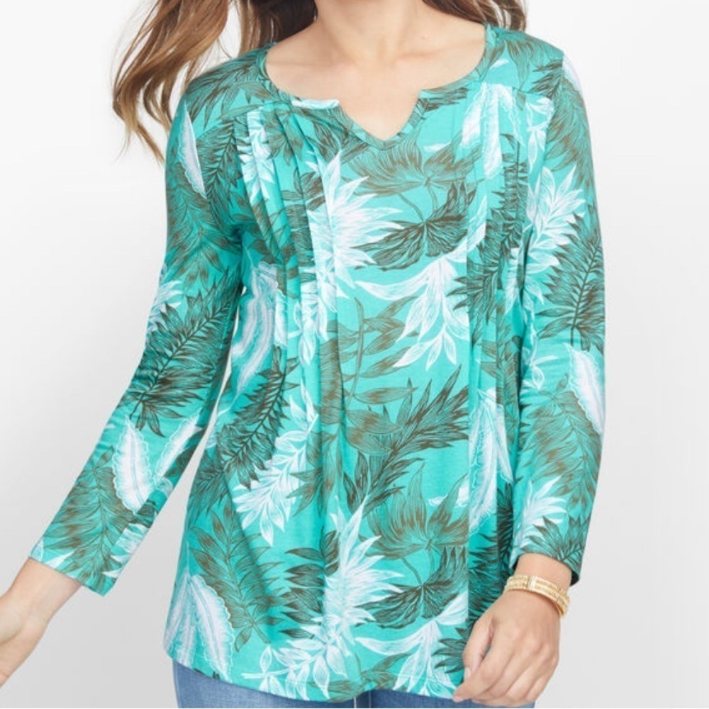Talbots Womens 3Xp Teal Tropical Leaf Print Pleated V Neck Long Sleeve Top